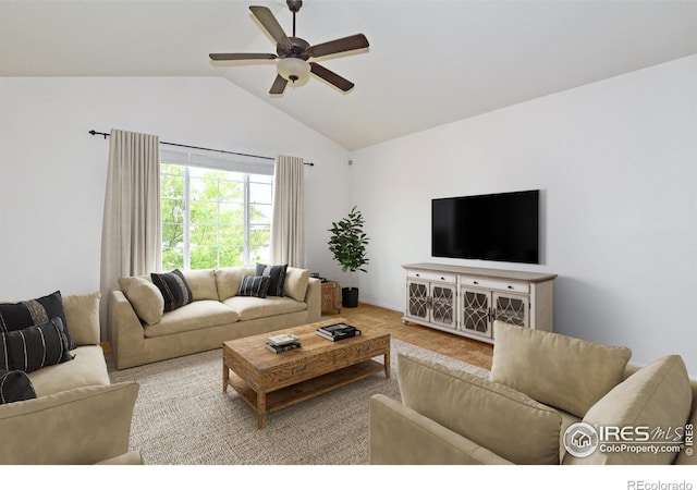 2334 75th Ave, Greeley, CO 80634 - living area featuring ceiling fan, lofted ceiling, and carpet flooring