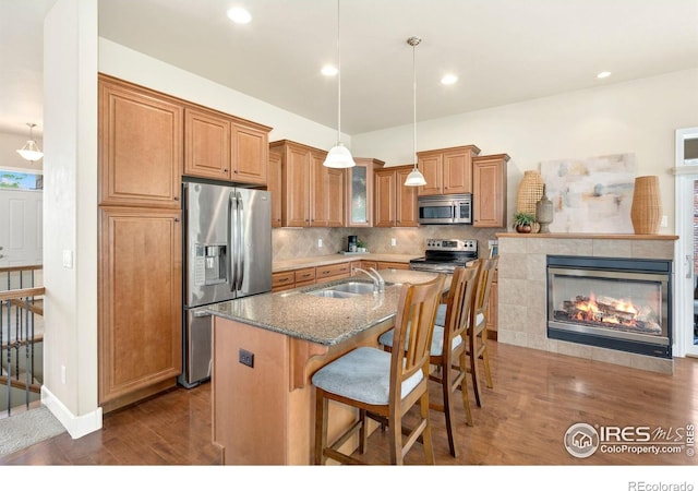 8245 Hidden Cove Ct, Windsor, CO 80528 - kitchen with stainless steel appliances, a sink, wood finished floors, light stone counters, and backsplash