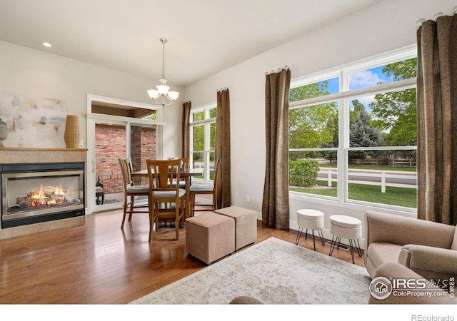 8245 Hidden Cove Ct, Windsor, CO 80528 - dining room with a chandelier, wood finished floors, and a tiled fireplace