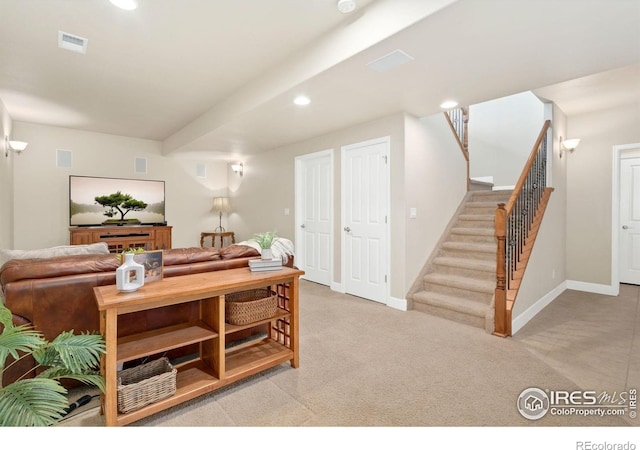 8245 Hidden Cove Ct, Windsor, CO 80528 - living room with stairway, light carpet, recessed lighting, and baseboards