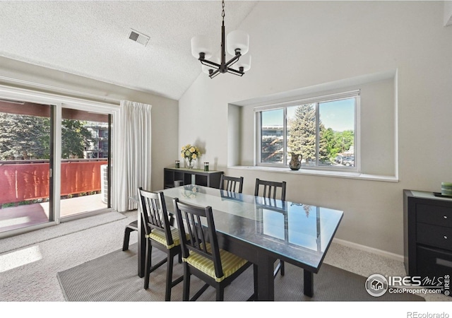 4475 Laguna Pl Unit 201, Boulder, CO 80303 - carpeted dining room with lofted ceiling, a chandelier, a textured ceiling, and baseboards