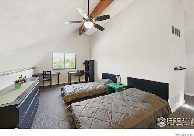 4475 Laguna Pl Unit 201, Boulder, CO 80303 - bedroom with carpet floors, baseboards, beam ceiling, high vaulted ceiling, and ceiling fan