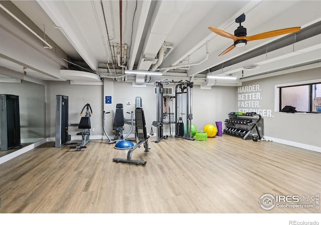 4475 Laguna Pl Unit 201, Boulder, CO 80303 - workout area featuring wood finished floors, baseboards, and a ceiling fan