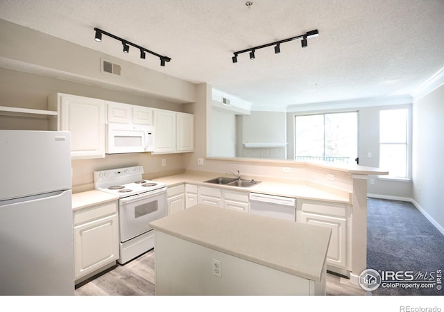 2162 Concord Ln, Superior, CO 80027 - kitchen with white appliances, rail lighting, a sink, a peninsula, and open shelves