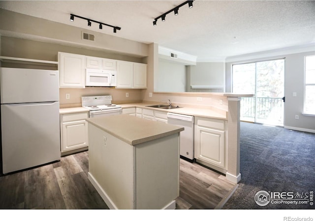 2162 Concord Ln, Superior, CO 80027 - kitchen with white appliances, track lighting, a sink, and white cabinets