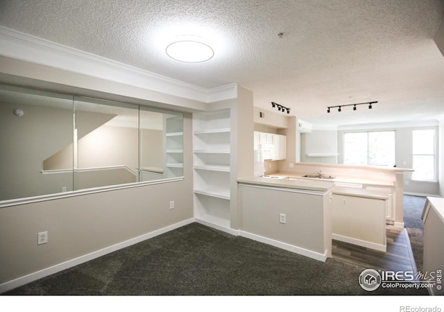2162 Concord Ln, Superior, CO 80027 - kitchen featuring a textured ceiling, a peninsula, track lighting, ornamental molding, and baseboards