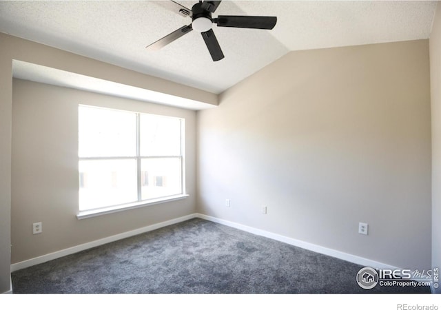 2162 Concord Ln, Superior, CO 80027 - empty room featuring ceiling fan, carpet, a textured ceiling, baseboards, and lofted ceiling