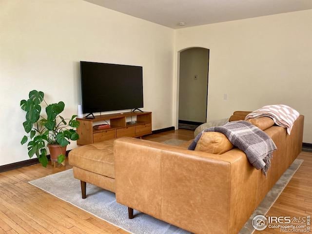 3201 Broadway St, Boulder, CO 80304 - living room featuring arched walkways, wood finished floors, and baseboards