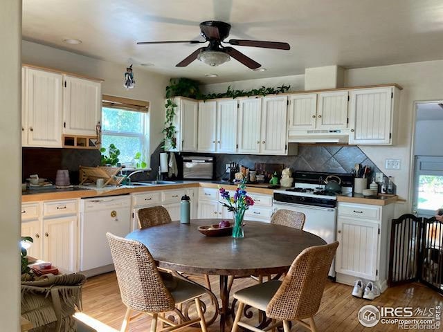 3201 Broadway St, Boulder, CO 80304 - kitchen with white appliances, under cabinet range hood, healthy amount of natural light, and a ceiling fan