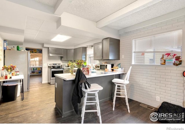 810 W Laurel St, Fort Collins, CO 80521 - kitchen with stainless steel appliances, brick wall, plenty of natural light, gray cabinets, and wood finished floors