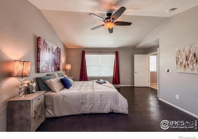 2190 Winding Dr, Longmont, CO 80504 - bedroom featuring lofted ceiling, wood finished floors, and a ceiling fan