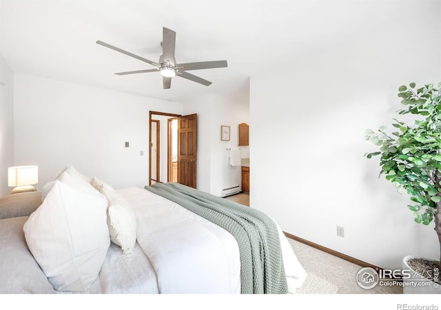 2725 Juniper Ave Unit 78, Boulder, CO 80304 - bedroom featuring light carpet, a baseboard radiator, baseboards, and a ceiling fan