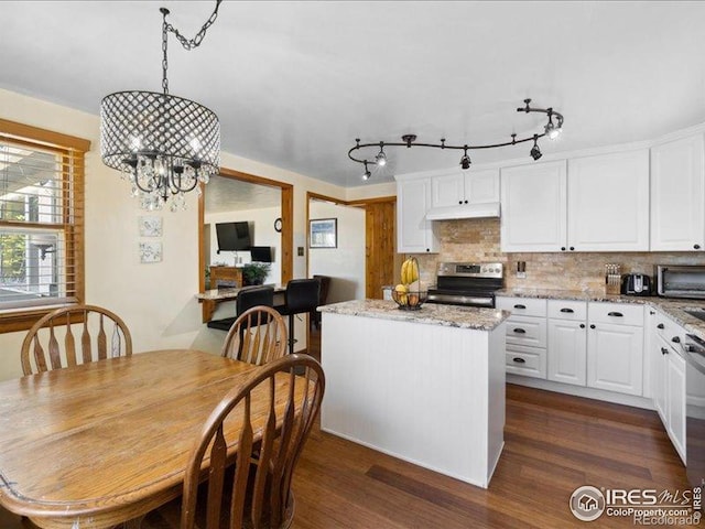 1815 9th Ave, Longmont, CO 80501 - kitchen with stainless steel appliances, white cabinetry, under cabinet range hood, a center island, and tasteful backsplash