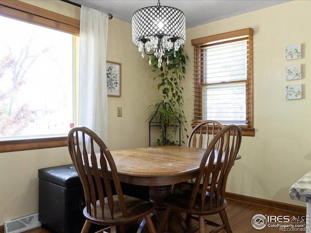1815 9th Ave, Longmont, CO 80501 - dining area featuring a chandelier, wood finished floors, and baseboards