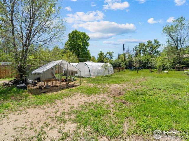1815 9th Ave, Longmont, CO 80501 - view of grassy yard with an outbuilding, an exterior structure, and a trampoline
