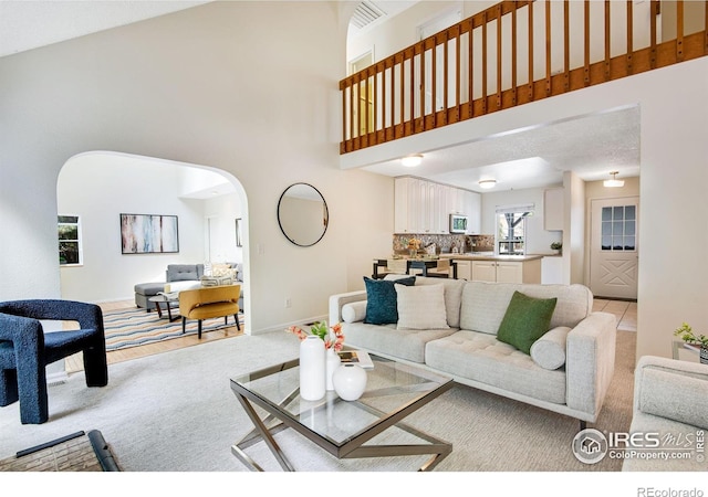 911 Homer Cir, Lafayette, CO 80026 - living area featuring arched walkways, light colored carpet, a towering ceiling, and baseboards