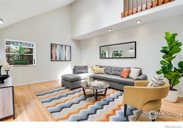 911 Homer Cir, Lafayette, CO 80026 - living area with hardwood / wood-style flooring, baseboards, and high vaulted ceiling