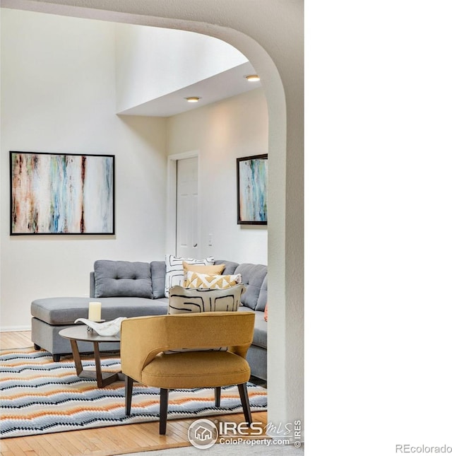 911 Homer Cir, Lafayette, CO 80026 - living area featuring wood finished floors, arched walkways, and baseboards