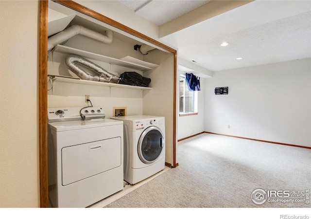911 Homer Cir, Lafayette, CO 80026 - laundry area with independent washer and dryer, light carpet, baseboards, and recessed lighting