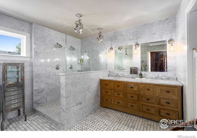 317 Wood St, Fort Collins, CO 80521 - full bathroom with a walk in shower, double vanity, and tile walls