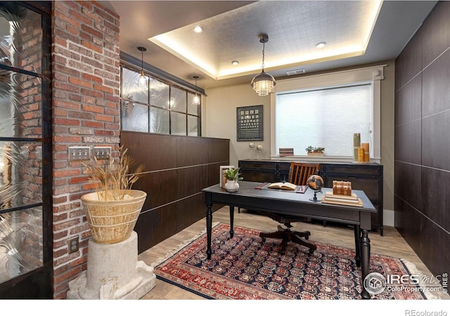 317 Wood St, Fort Collins, CO 80521 - office area featuring wood finished floors and a tray ceiling