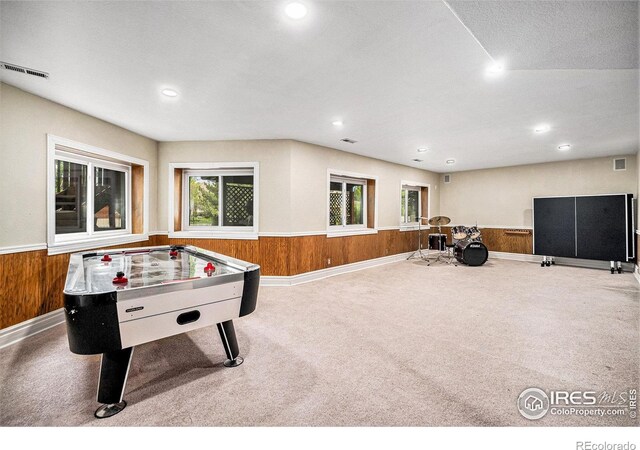 13971 Telluride Dr, Broomfield, CO 80020 - recreation room with wainscoting, plenty of natural light, wood walls, carpet, and recessed lighting