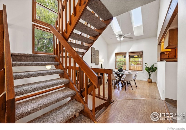 4118 Dillon Way, Fort Collins, CO 80526 - stairs featuring wood finished floors, a skylight, baseboards, and ceiling fan