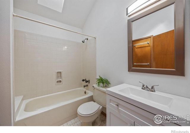 4118 Dillon Way, Fort Collins, CO 80526 - bathroom with toilet, vanity, bathtub / shower combination, lofted ceiling, and tile patterned floors