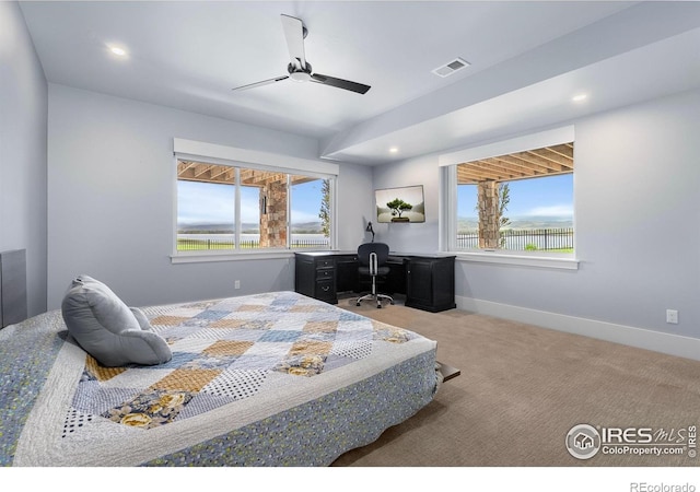 2387 Harding Park Ct, Berthoud, CO 80513 - bedroom with an office area, carpet floors, baseboards, ceiling fan, and recessed lighting