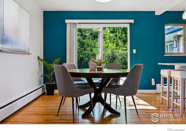 325 Colgate St, Boulder, CO 80305 - dining room featuring a baseboard heating unit, wood finished floors, and baseboards