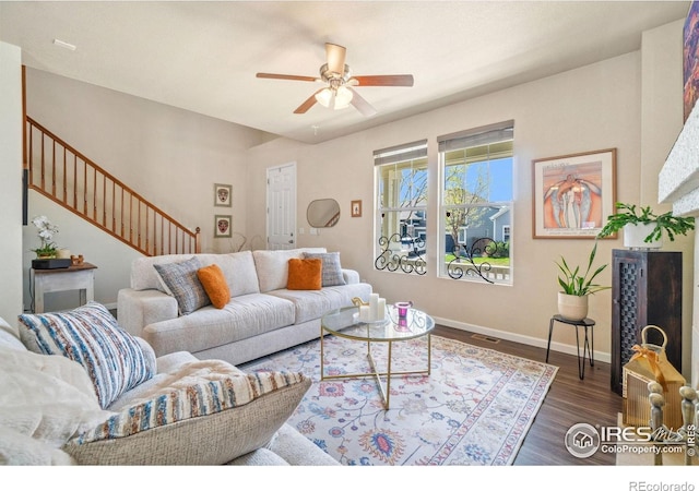 2320 Clipper Way, Fort Collins, CO 80524 - living room with stairway, ceiling fan, wood finished floors, and baseboards
