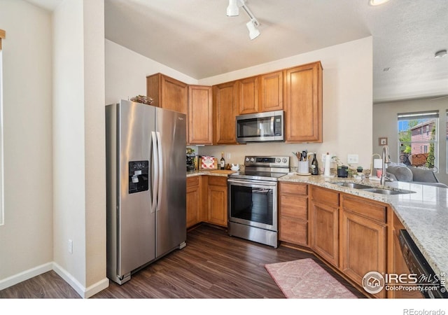 2320 Clipper Way, Fort Collins, CO 80524 - kitchen with appliances with stainless steel finishes, a sink, dark wood-type flooring, light stone counters, and track lighting