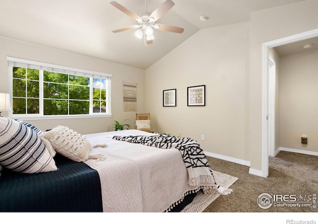 5551 Cornerstone Dr Unit 26, Fort Collins, CO 80528 - bedroom with carpet, lofted ceiling, baseboards, and ceiling fan