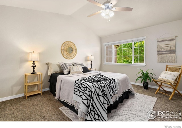 5551 Cornerstone Dr Unit 26, Fort Collins, CO 80528 - bedroom featuring carpet, baseboards, lofted ceiling, and a ceiling fan