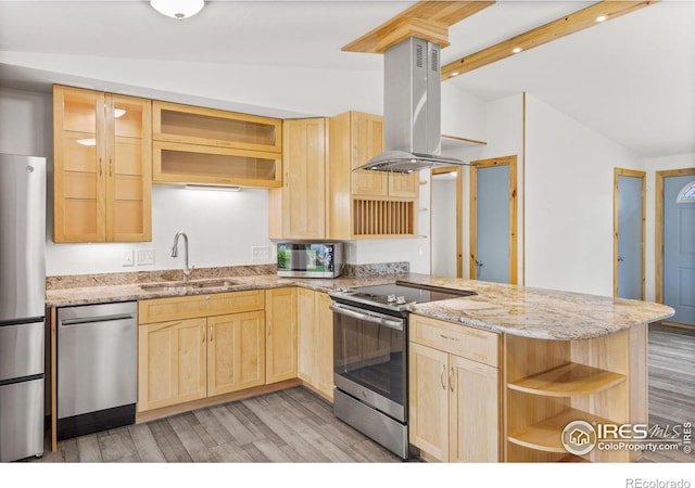 1805 Kinnikinnik Pl, Loveland, CO 80537 - kitchen with stainless steel appliances, light brown cabinets, open shelves, a sink, and island exhaust hood