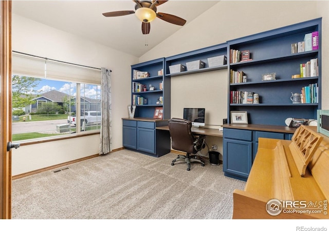 6848 Pettigrew St, Wellington, CO 80549 - office space with a ceiling fan, light carpet, lofted ceiling, built in study area, and baseboards