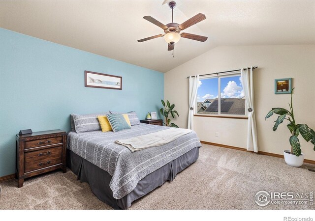 6848 Pettigrew St, Wellington, CO 80549 - bedroom with carpet flooring, vaulted ceiling, baseboards, and a ceiling fan