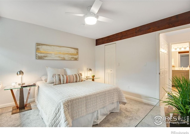 4795 Tantra Dr, Boulder, CO 80305 - bedroom featuring light carpet, baseboards, ceiling fan, and a sink