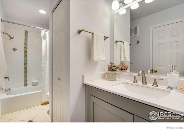 4795 Tantra Dr, Boulder, CO 80305 - bathroom featuring tile patterned flooring, vanity, toilet, and shower / bathtub combination with curtain