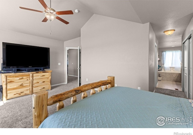 6681 6th St, Frederick, CO 80530 - carpeted bedroom featuring lofted ceiling, ensuite bath, and ceiling fan