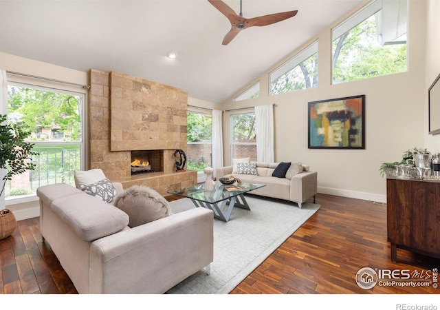 4924 Clubhouse Ct, Boulder, CO 80301 - living area with dark wood-style flooring, baseboards, plenty of natural light, a ceiling fan, and high vaulted ceiling