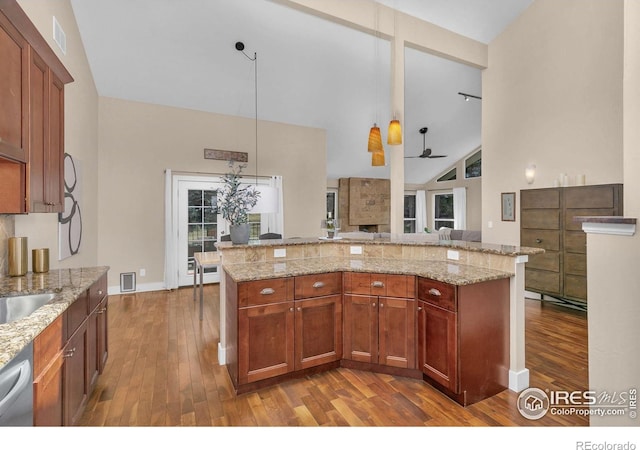 4924 Clubhouse Ct, Boulder, CO 80301 - kitchen featuring hardwood / wood-style floors, dishwasher, high vaulted ceiling, ceiling fan, and light stone countertops