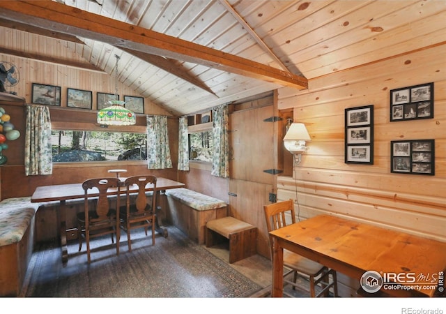 12991 Peak To Peak Hwy, Allenspark, CO 80510 - dining room with breakfast area, wood walls, and wood ceiling