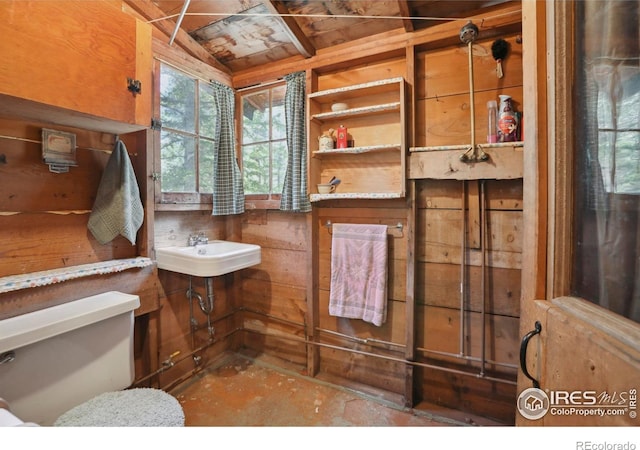 12991 Peak To Peak Hwy, Allenspark, CO 80510 - bathroom featuring a sink, toilet, vaulted ceiling, and unfinished concrete flooring