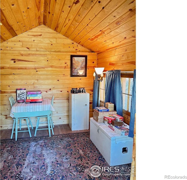 12991 Peak To Peak Hwy, Allenspark, CO 80510 - game room featuring lofted ceiling, wood ceiling, and wooden walls