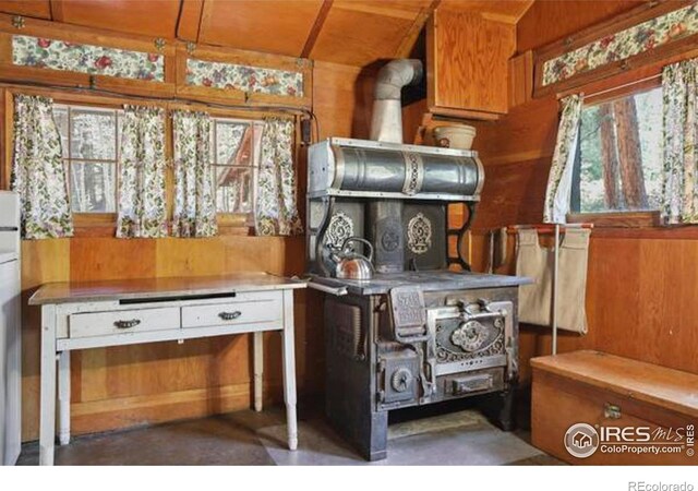 12991 Peak To Peak Hwy, Allenspark, CO 80510 - kitchen with wooden walls, brown cabinetry, and concrete floors