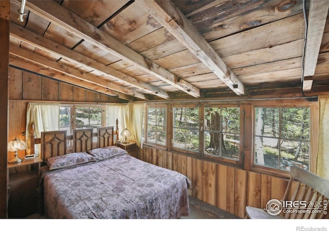 12991 Peak To Peak Hwy, Allenspark, CO 80510 - bedroom with wooden ceiling and wood walls