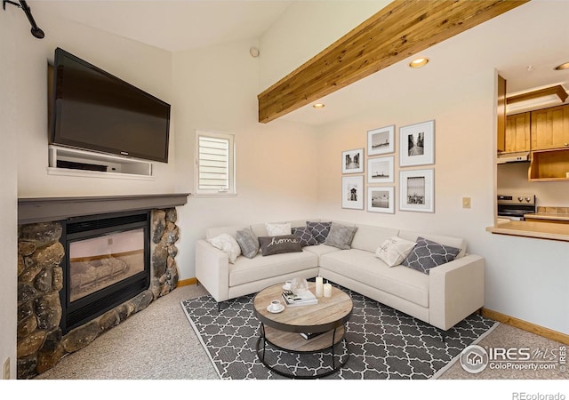 492 Macgregor Ave, Estes Park, CO 80517 - carpeted living room featuring a stone fireplace, recessed lighting, and baseboards