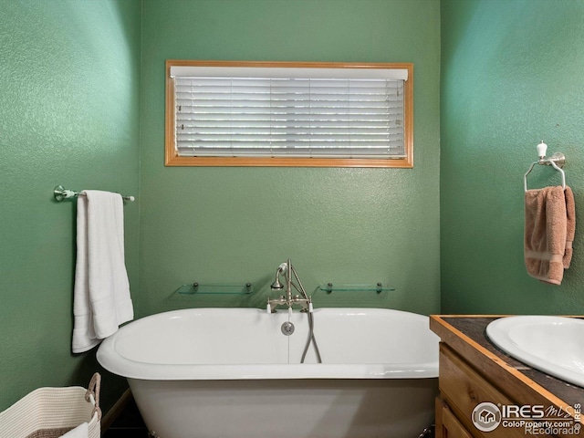 101 SE 2nd St, Berthoud, CO 80513 - full bathroom featuring a freestanding tub, vanity, and a textured wall