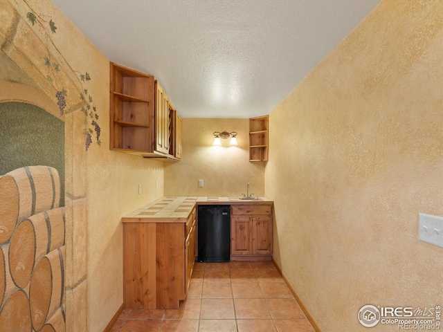 101 SE 2nd St, Berthoud, CO 80513 - kitchen featuring open shelves, tile countertops, dishwasher, a sink, and a textured wall